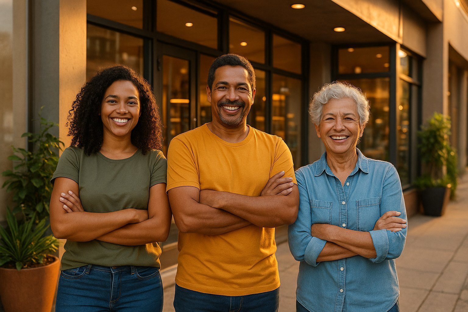 Equipa de três pessoas sorridentes à porta da loja